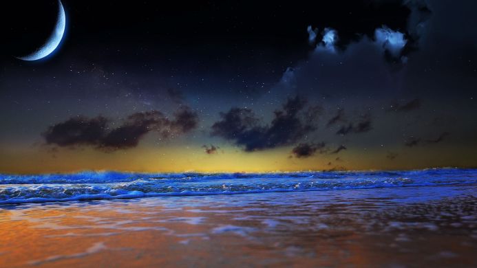 Night seascape with a crescent moon, waves and clouds