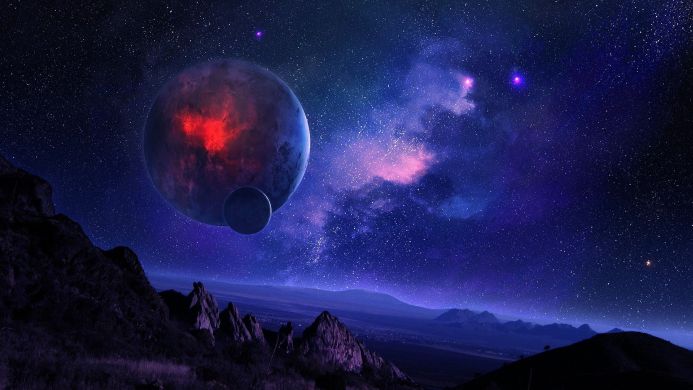 A cosmic landscape featuring a planet, moon, stars, and distant mountains in shades of blue, purple, and red