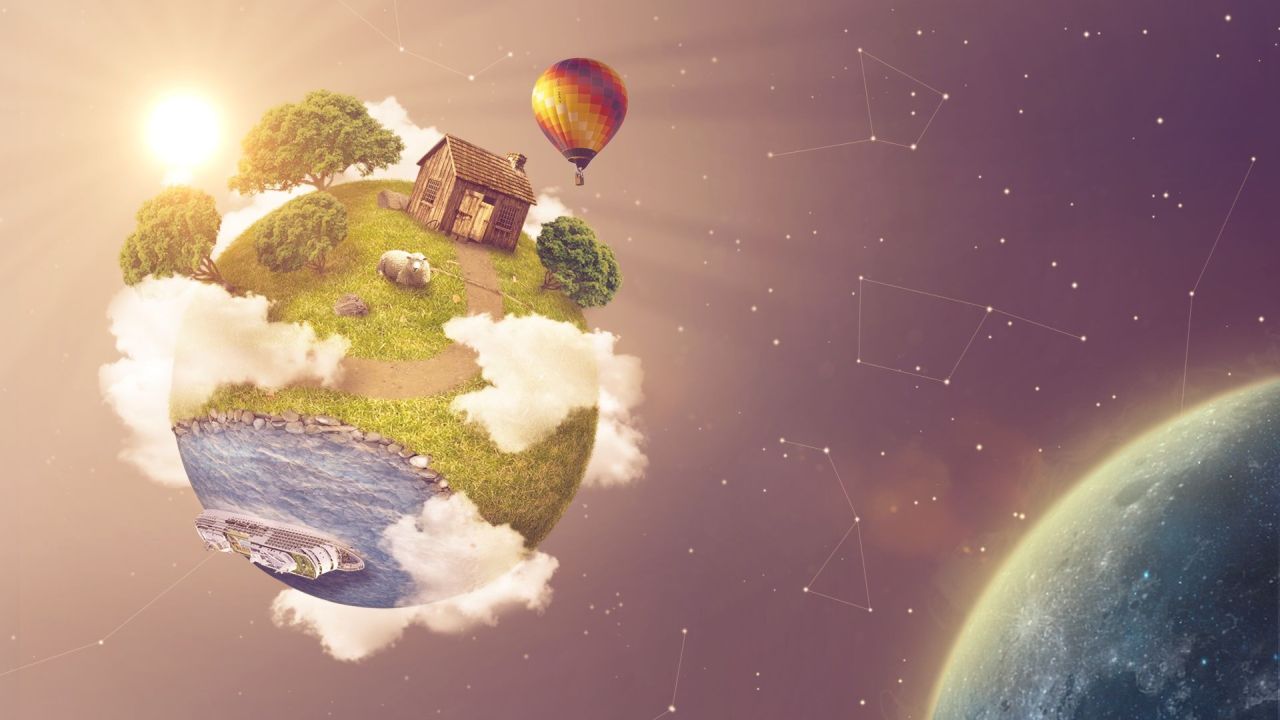 Planet with house, sheep, and balloon