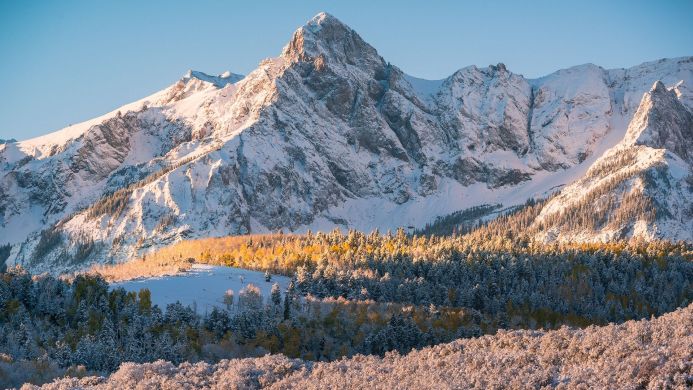 Snowy mountain peak with golden and green trees under a blue sky