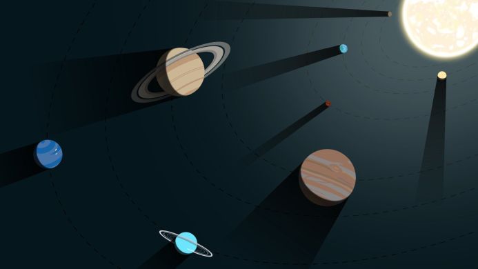 Illustration of the sun and planets in our solar system with long shadows