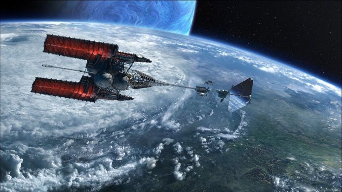 A spaceship and space station orbiting Earth with a blue planet in the background