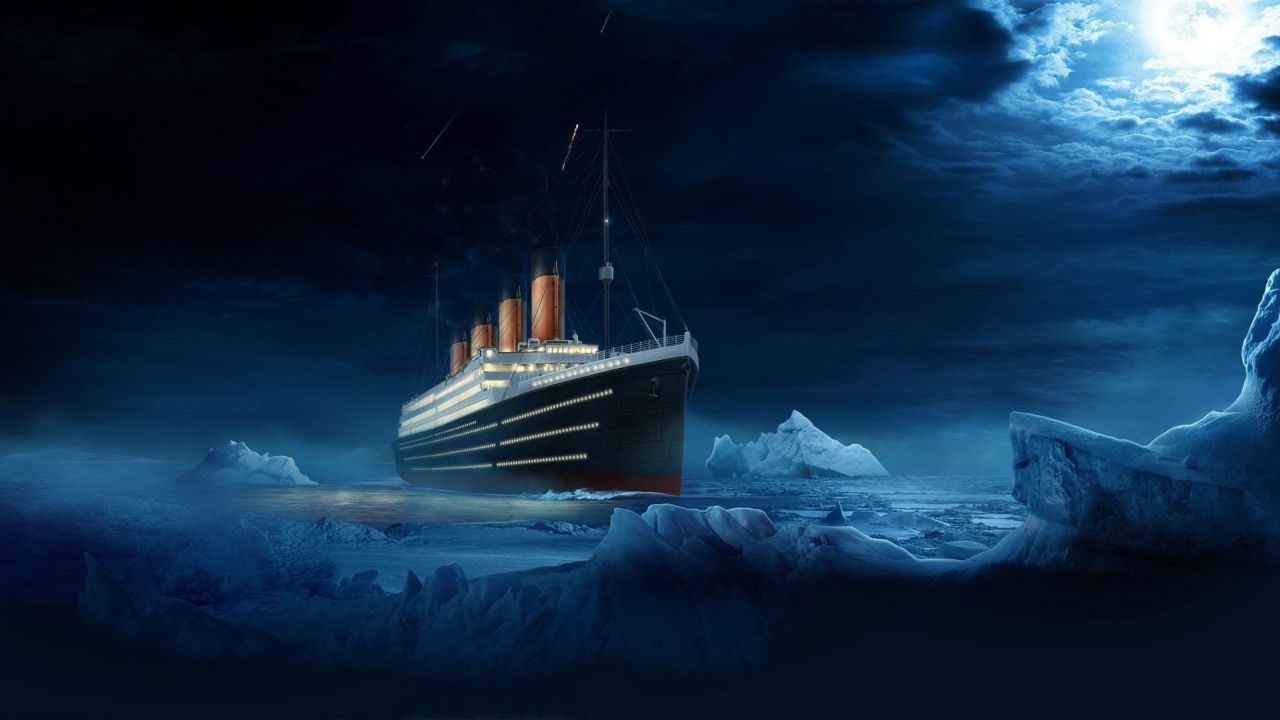 Titanic ship in ocean at night