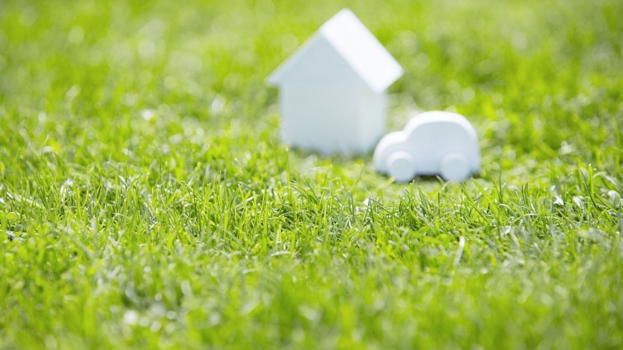 Toy house and car on grass