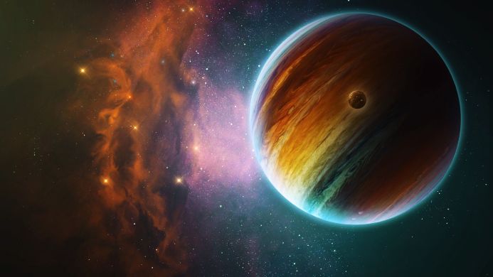 A vibrant planet with rings and a nearby moon surrounded by a colorful nebula in deep space