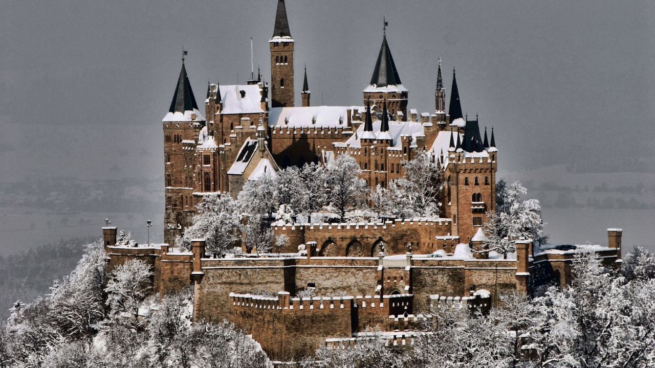 Snowy castle with towers and walls