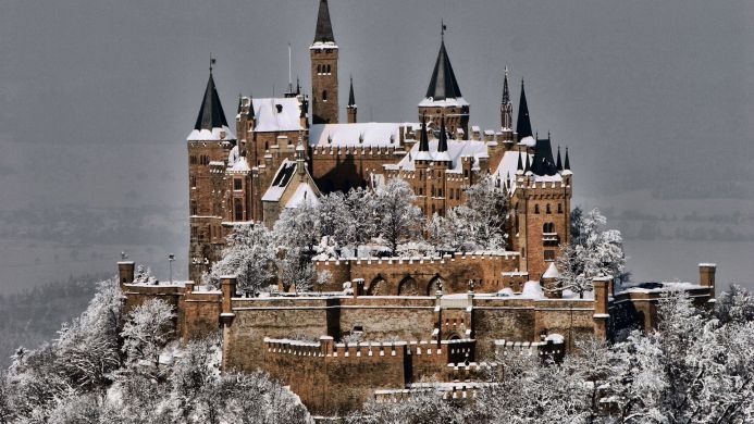 Snow-covered castle with towers and walls, surrounded by winter trees under a gray sky