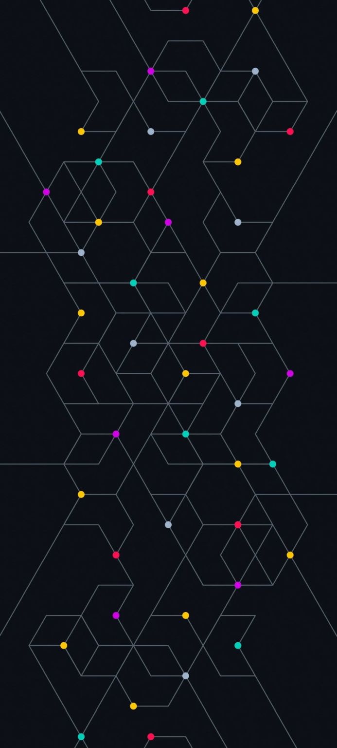 Abstract geometric pattern with lines and colored dots on a dark background