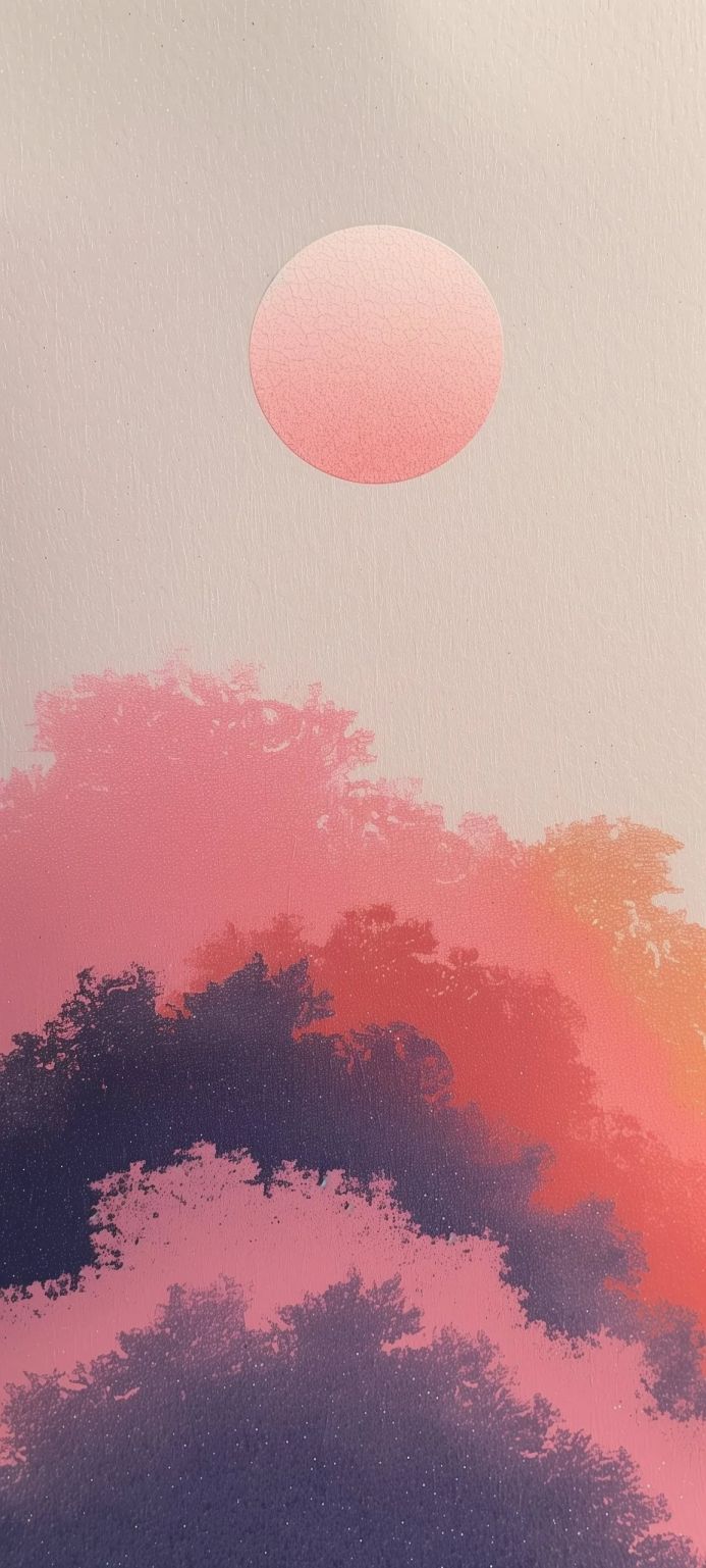 Abstract landscape with a pink sun above colorful trees