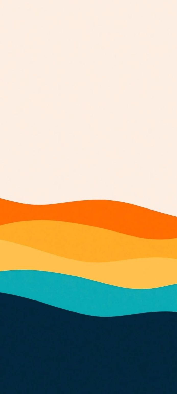 Abstract image of layered waves in orange, yellow, teal, and dark blue