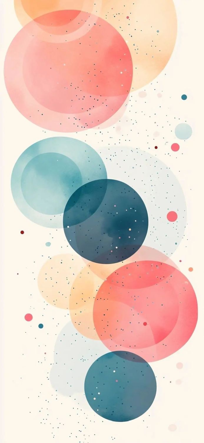 Abstract watercolor circles in pink, blue, and yellow on a beige background
