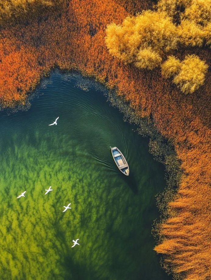 Aerial view of a boat on a lake surrounded by autumn trees and birds flying overhead