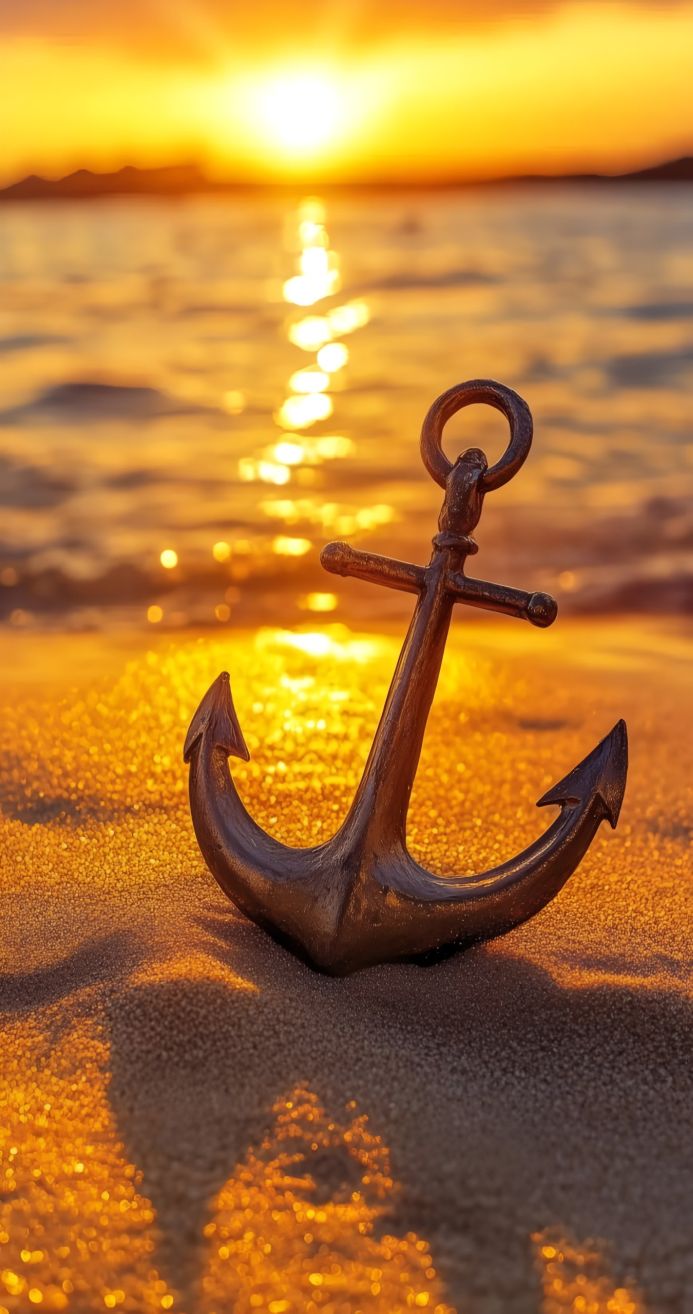 An anchor on a sandy beach at sunset with golden light reflecting on the water
