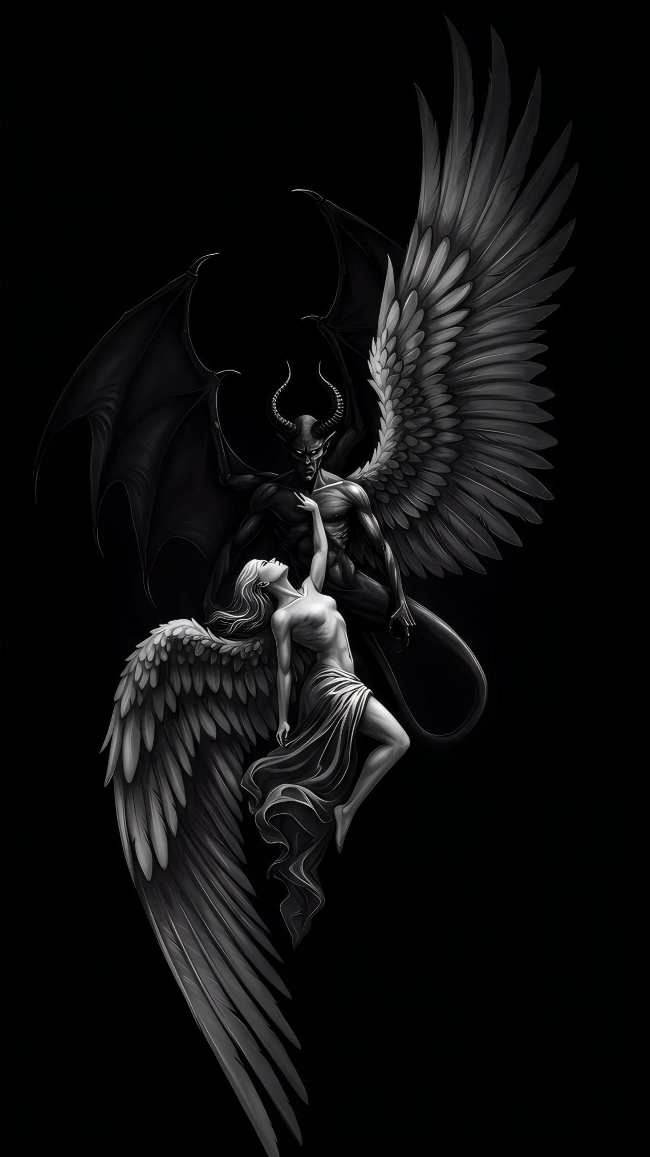 Angel and demon with wings in black and white
