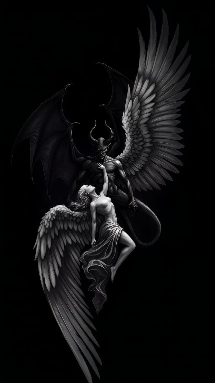 Angel and Demon, black and white fantasy illustration