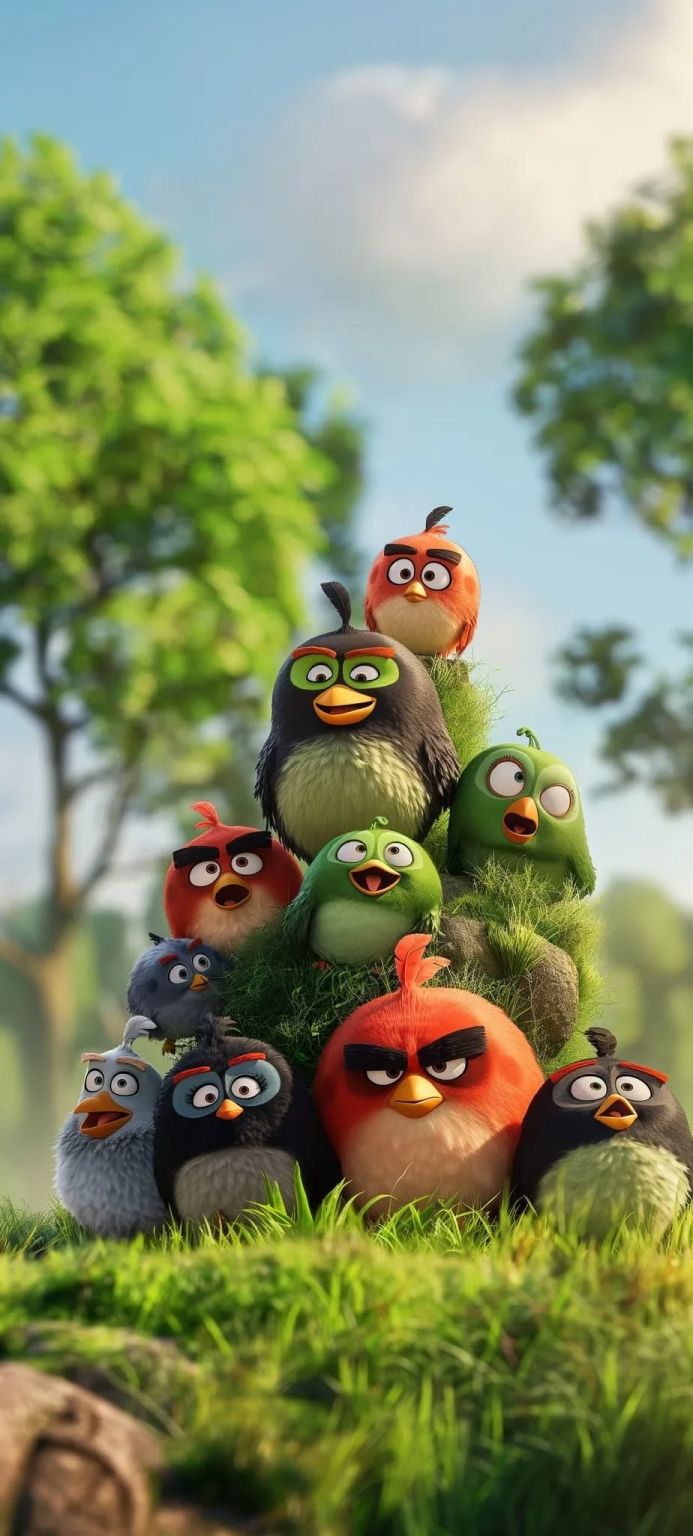 A group of Angry Birds characters are standing on a hill of grass with trees and blue sky in the background