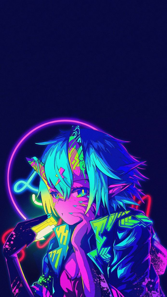 Anime girl with blue hair in a neon setting