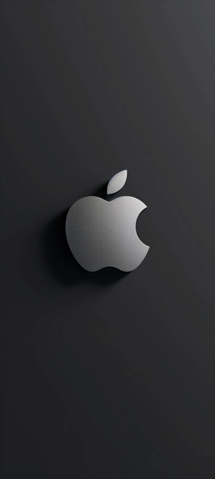 Apple logo in silver against a dark gray background
