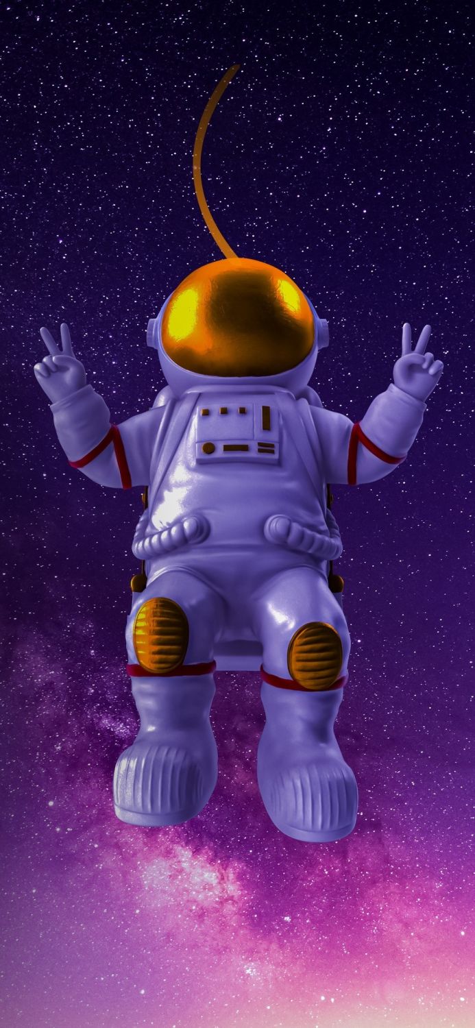 Astronaut in space making a peace sign with a golden helmet reflecting stars