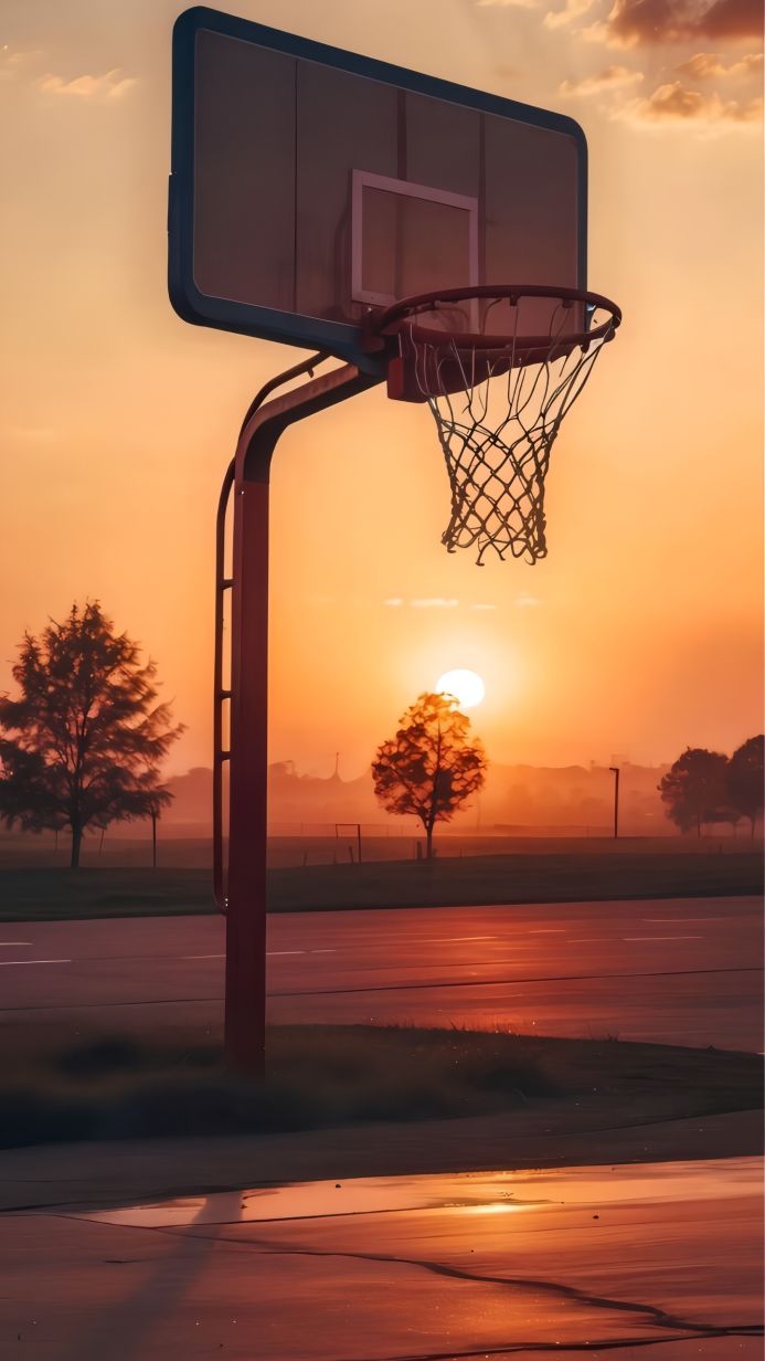 A basketball hoop at sunset with a clear sky in the background