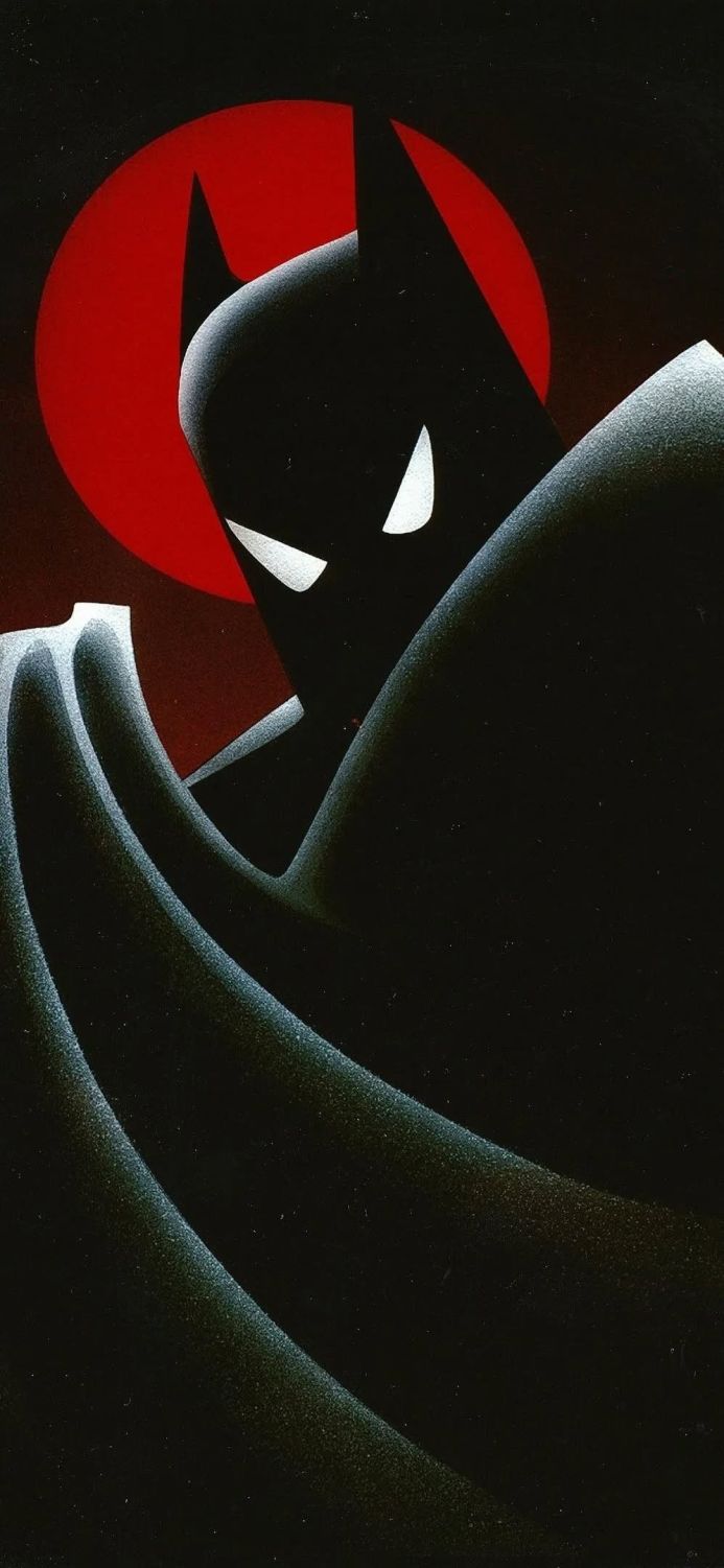 Batman in a classic animated style, with a red moon in the background