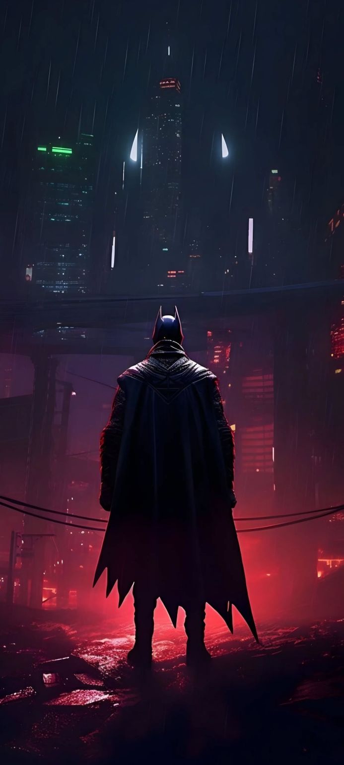 Batman stands overlooking a dark, rainy city skyline