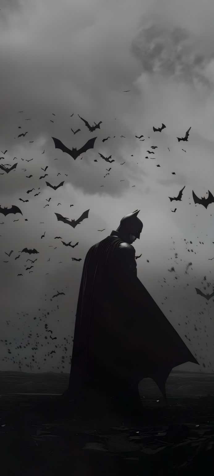 Batman stands against a dark, cloudy sky filled with bats in a monochrome image