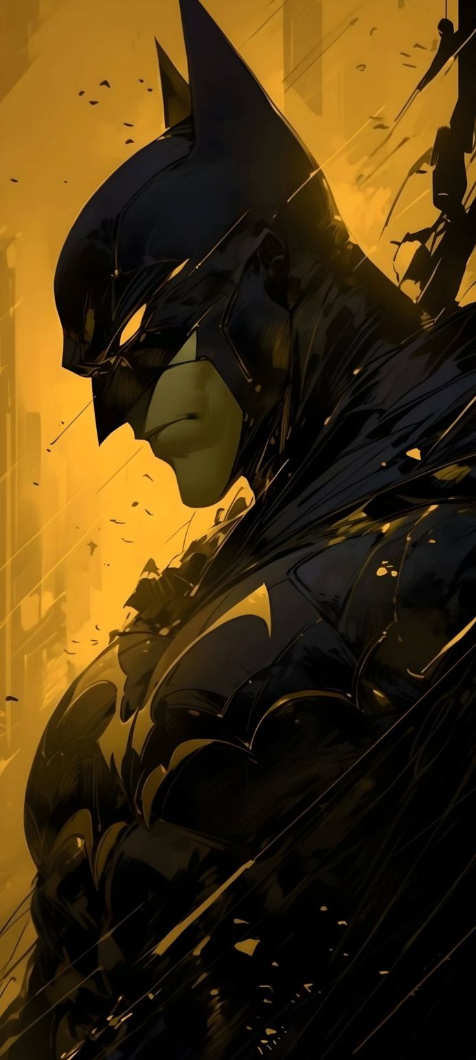 Batman in a black suit with a bat symbol, standing against a yellow and black background