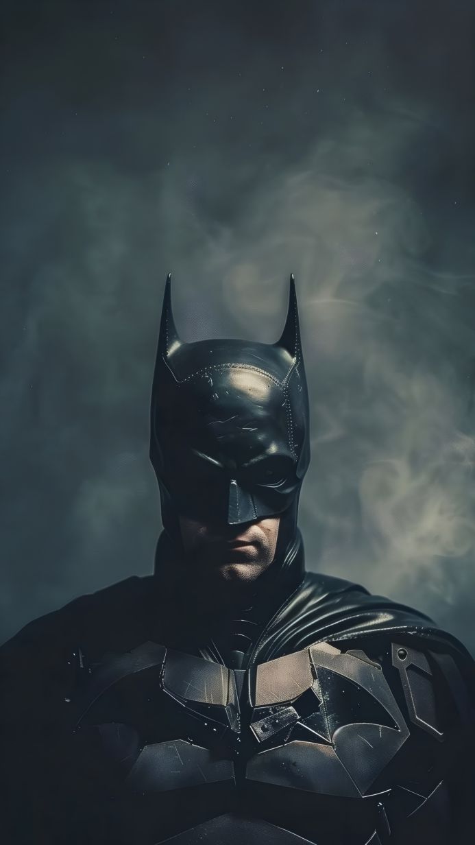 Batman in his dark costume stands against a smoky background