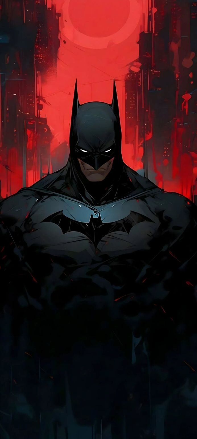 Batman portrait in front of a red cityscape