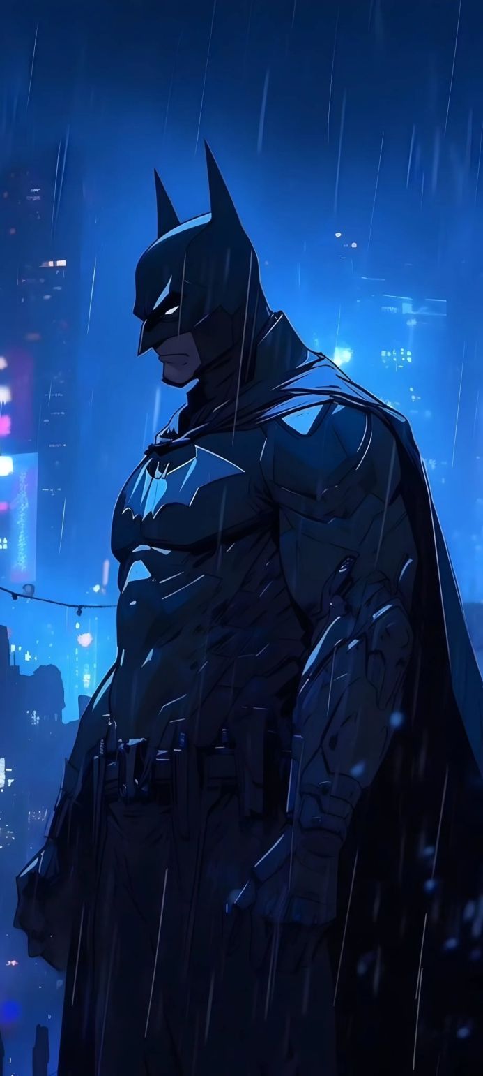 Batman standing in the rain against a Gotham City backdrop