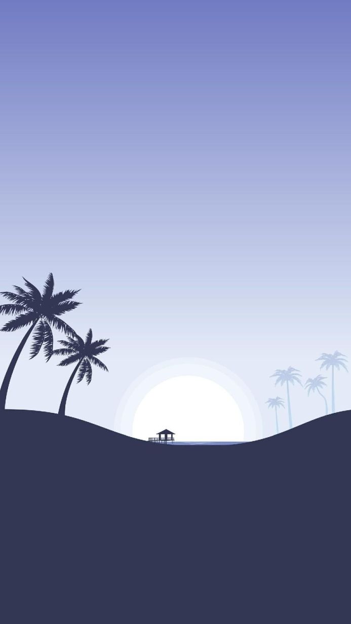 Silhouette of palm trees and a lifeguard hut on a beach at sunset