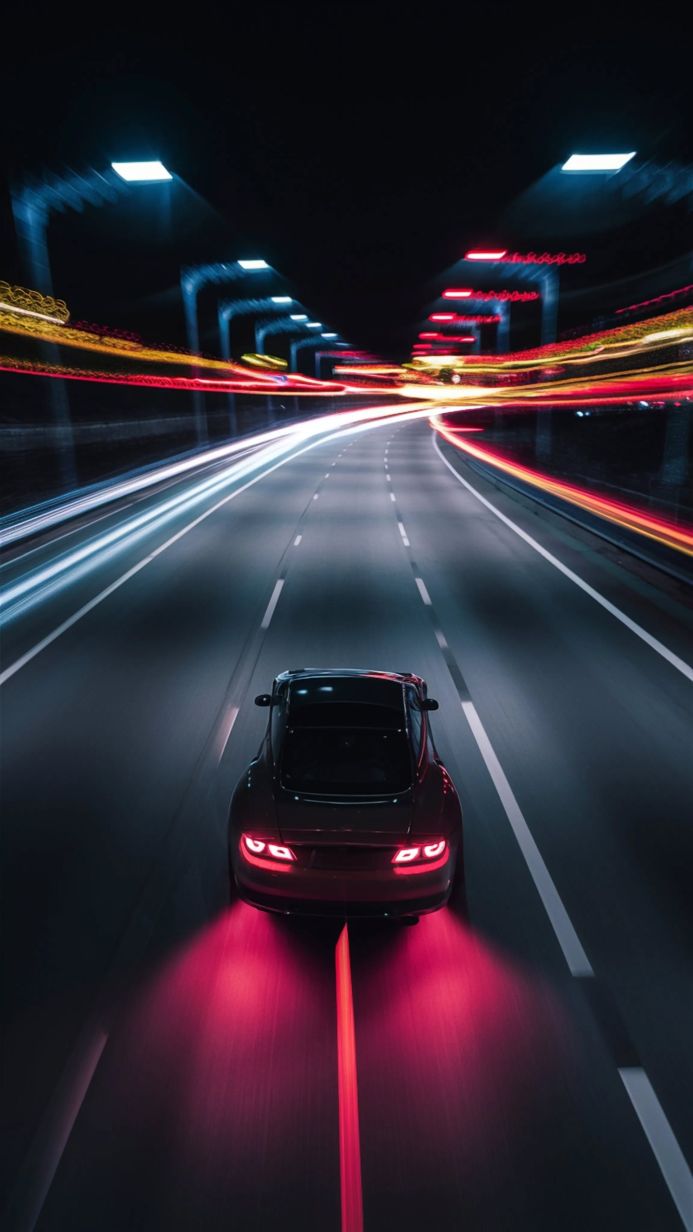 A black car driving on a road at night with red tail lights
