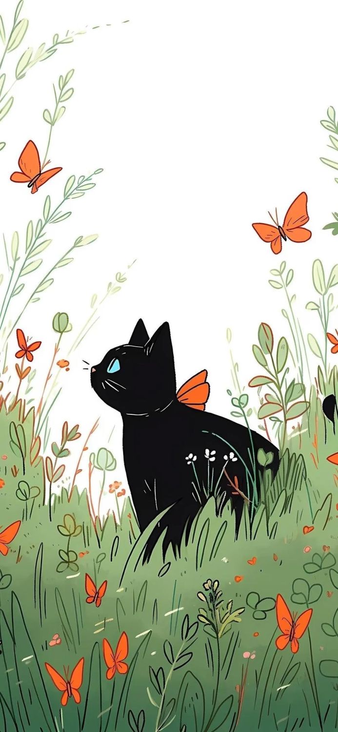Illustration of a black cat surrounded by grass and orange butterflies