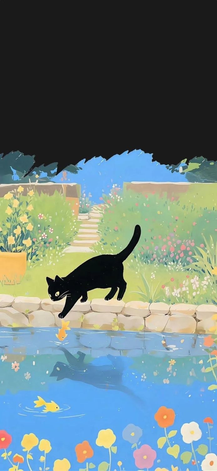 A black cat watching a goldfish in a pond in a vibrant garden illustration