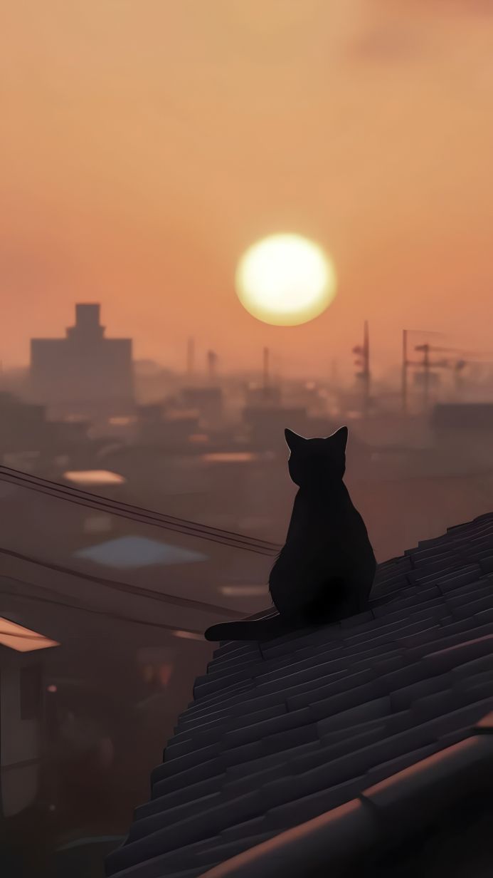 A black cat sits on a rooftop at sunset overlooking a cityscape