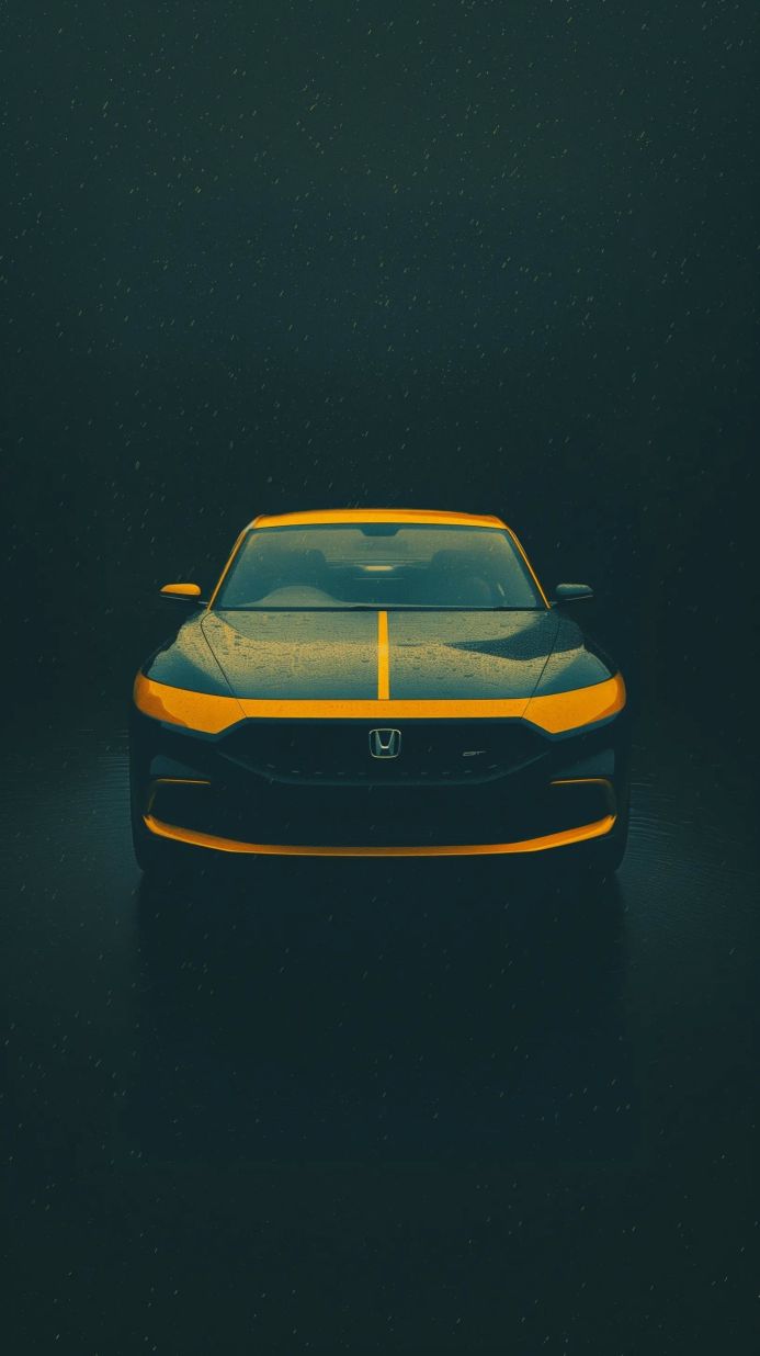 A black Honda Accord with yellow trim stands in the rain