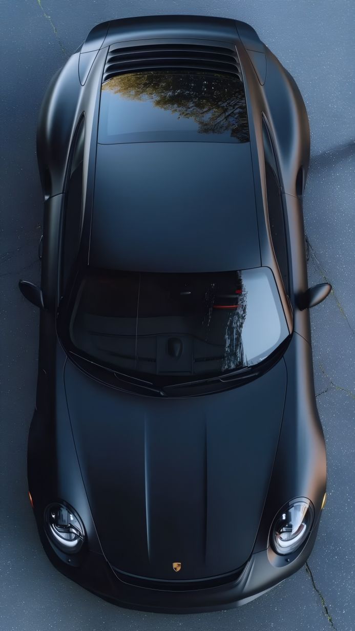 Top-down view of a black Porsche 911 on a gray surface