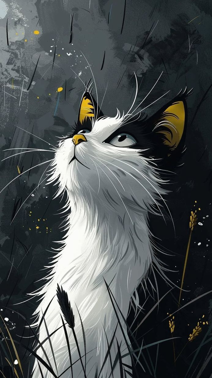 Illustration of a black and white cat with yellow accents looking up