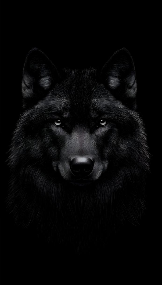 Close-up portrait of a black wolf with piercing eyes, set against a dark background
