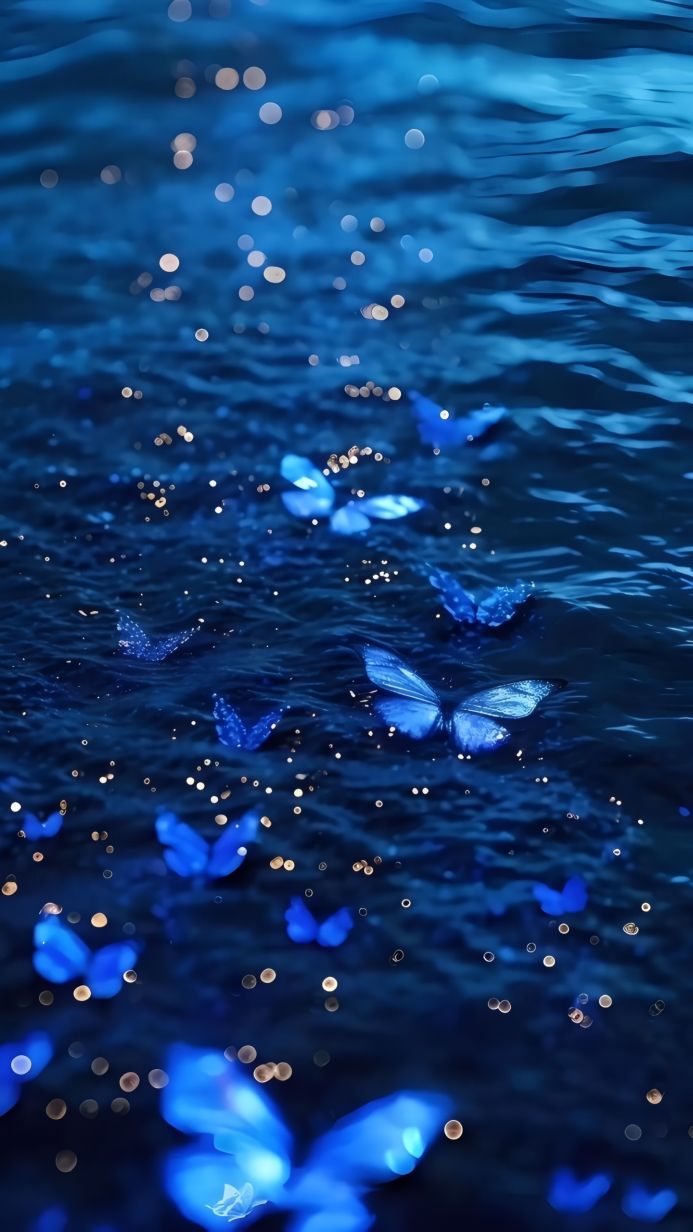Blue butterflies on the water with bokeh lights