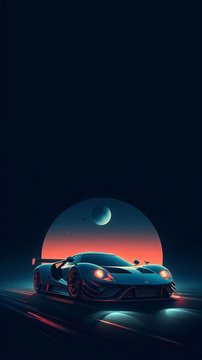Blue Ford GT sports car with red accents at night with moon and stars in the background