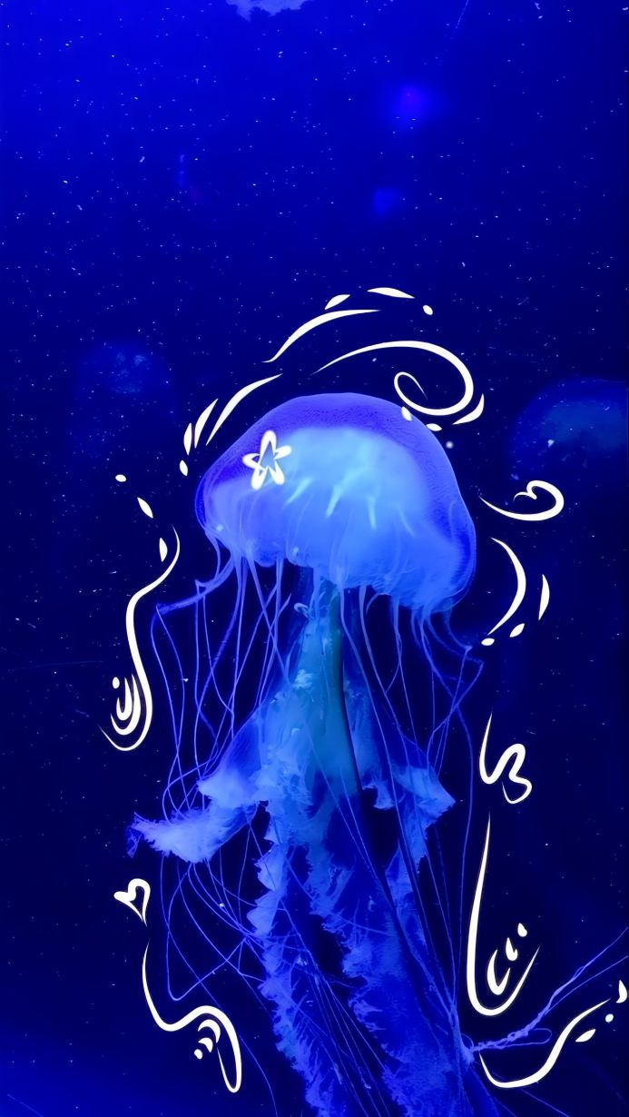 A blue jellyfish with white decorative elements in a dark blue underwater environment
