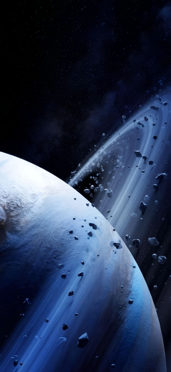 A blue planet with an asteroid ring, set against a dark space background