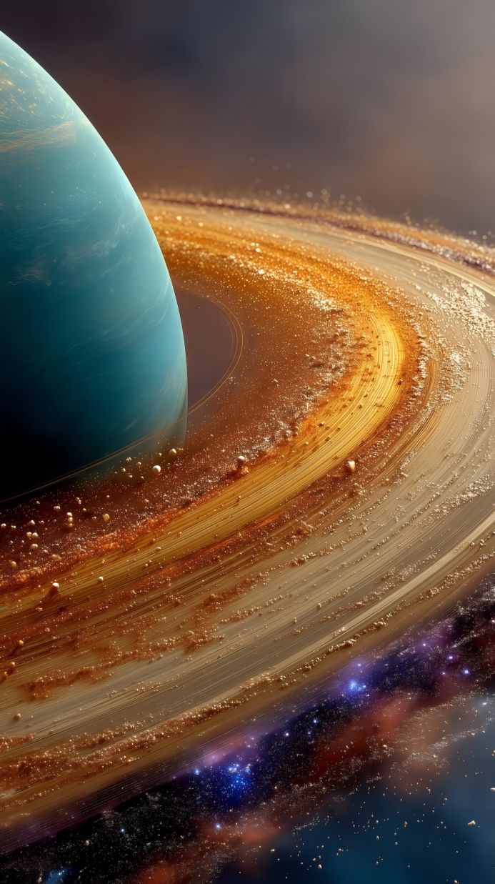 A blue planet with shimmering golden rings surrounded by a cosmic, star-filled background