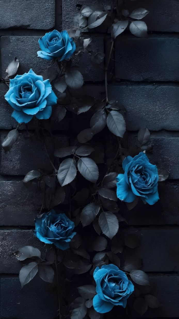 A group of blue roses climb a dark grey brick wall