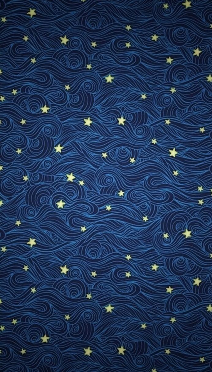 Blue background with stylized swirling lines and yellow stars