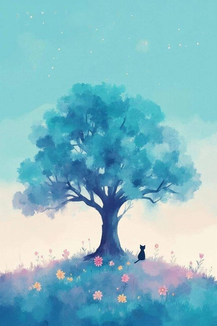 A blue tree with a black cat sitting underneath it, surrounded by flowers
