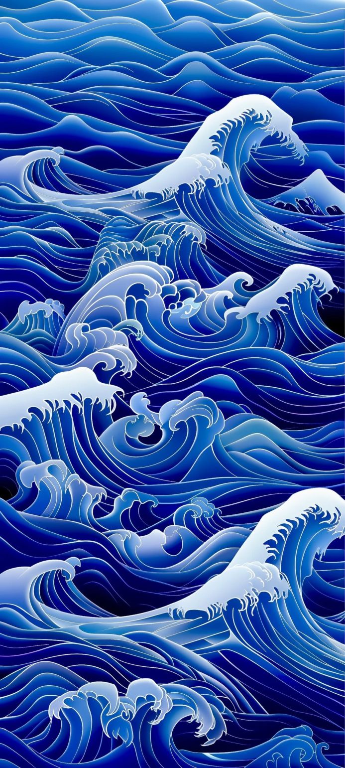 Blue and white stylized waves with a detailed, textured surface