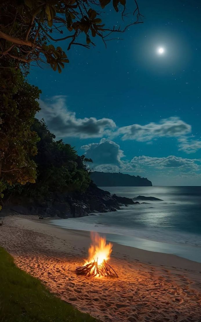 A bonfire on a sandy beach at night under a full moon and starry sky